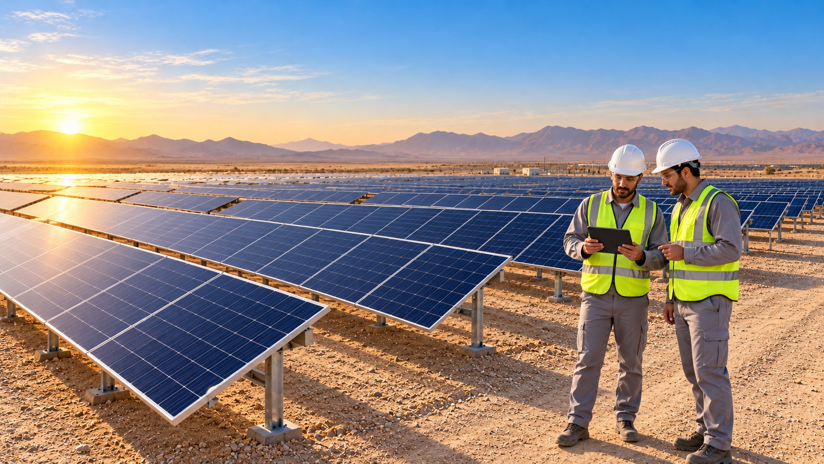 مهندسان در حال بازرسی نیروگاه خورشیدی